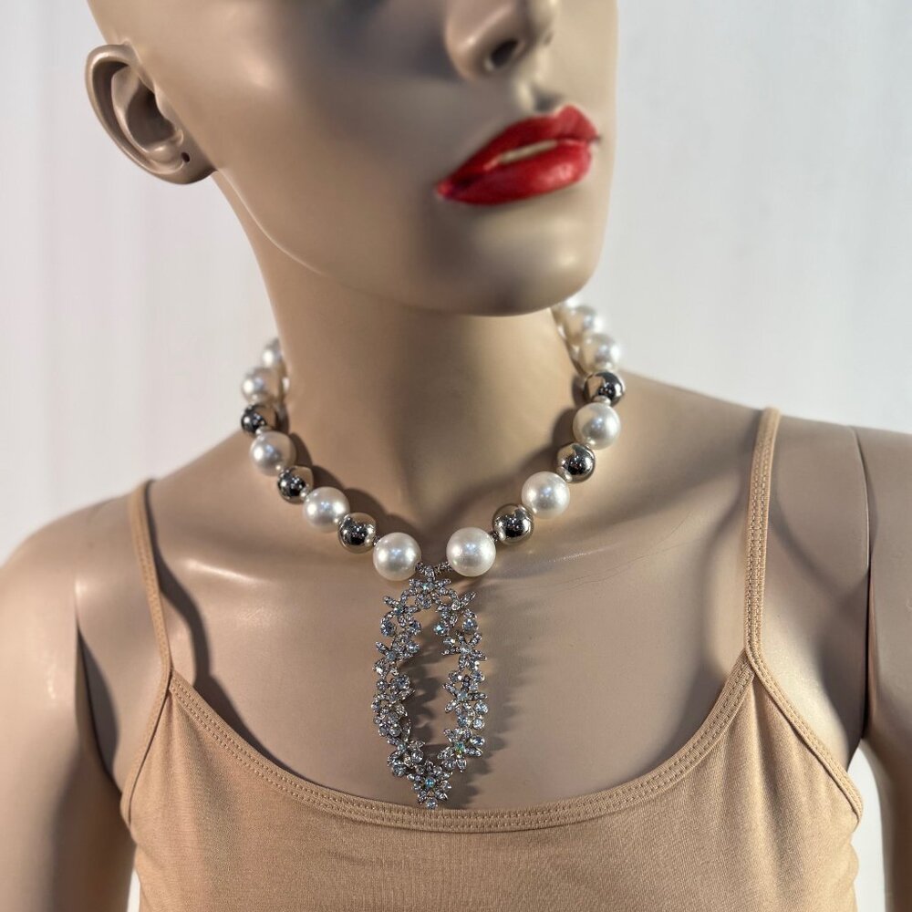 White swarovski Pearls and silver ball with large CZ Pendant Handmade in The USA